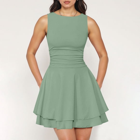 Heisall Women's Ruffle Hem Boat Neck Mini Dress Sleeveless Ruched Corset Short Party Dresses
