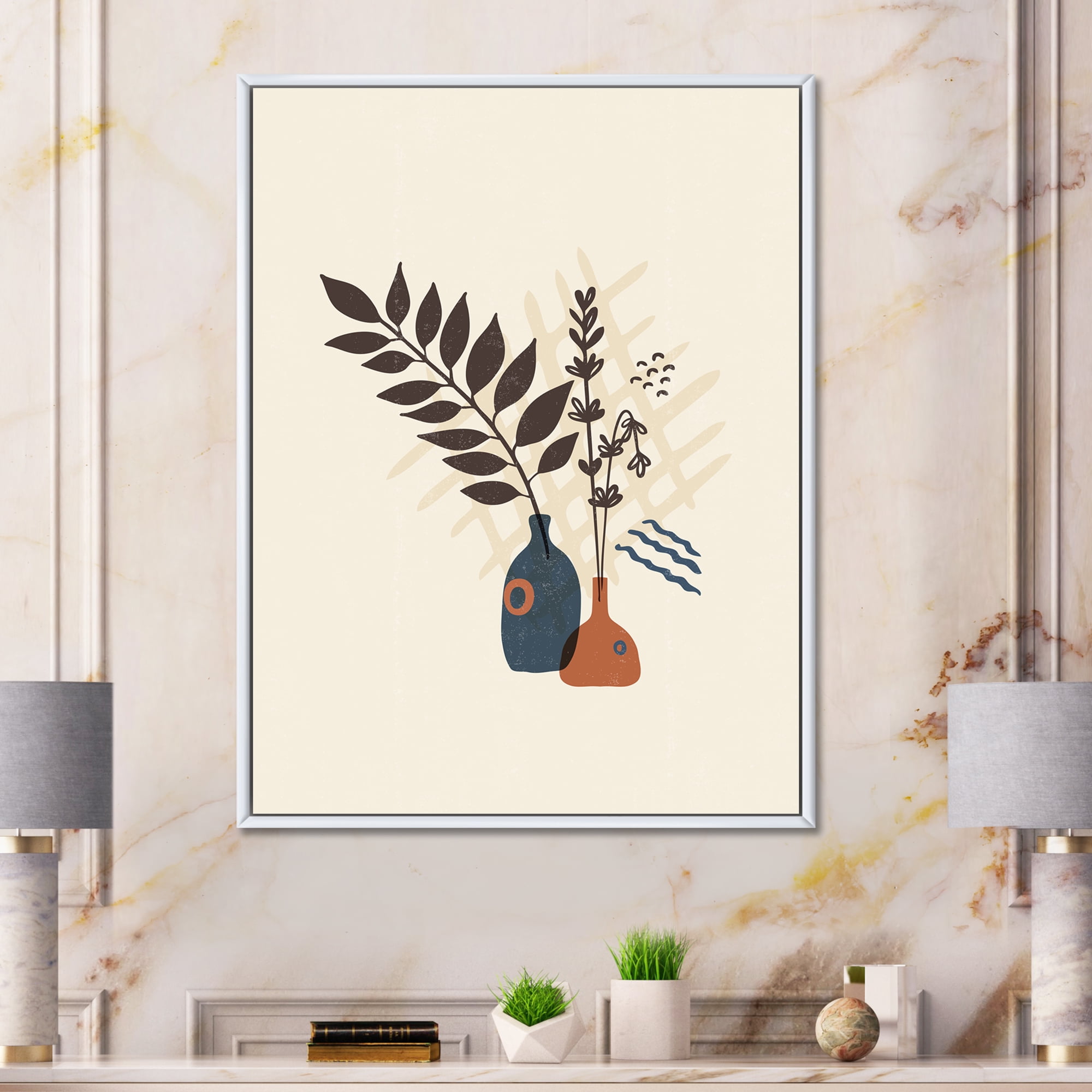 Designart 'Ancient Boho Art Minimalistic Flowers I' Modern Framed Canvas Wall Art Print
