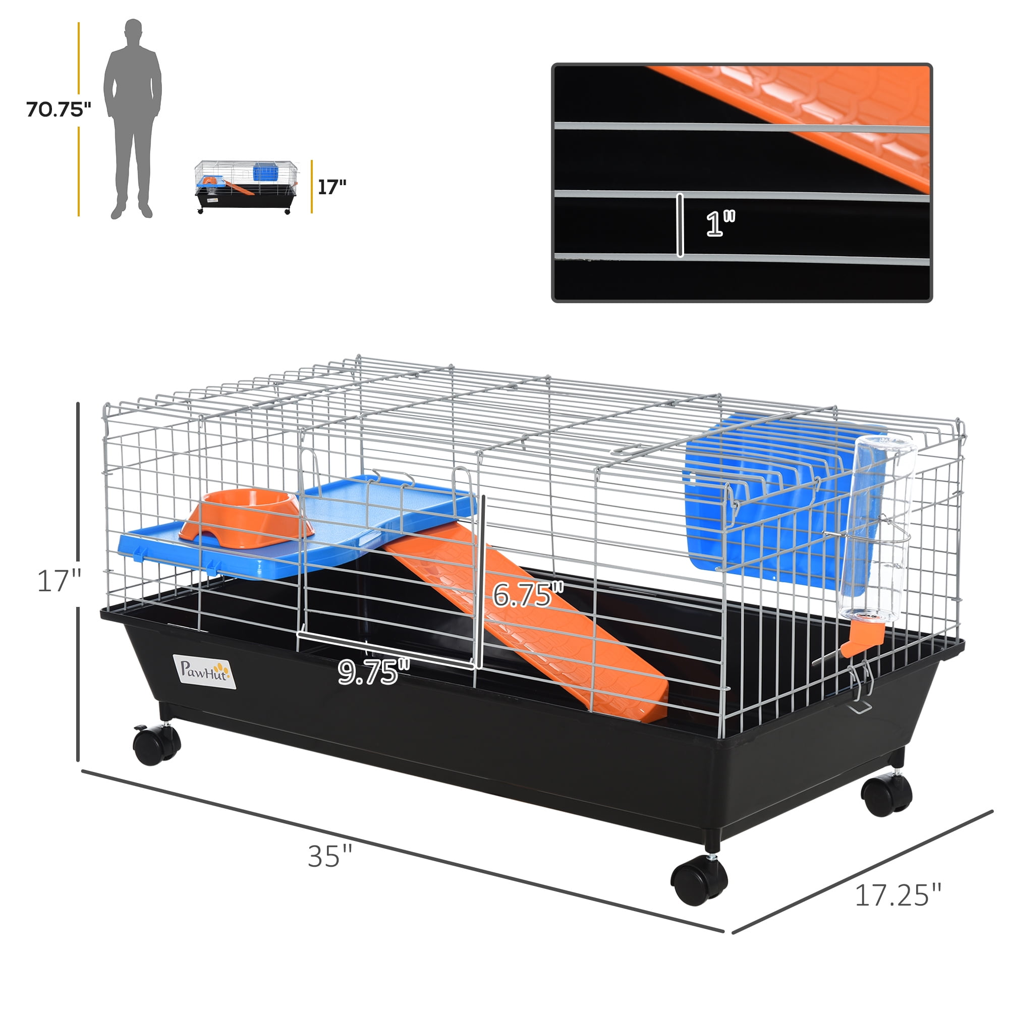 PawHut 35" Small Animal Cage with Wheels, Ramp, Water, Food Dish, Black