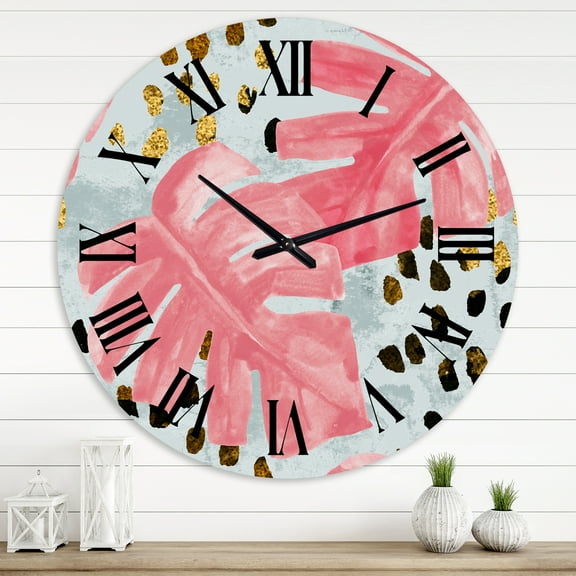 Designart 'Pink Colored Monstera On Rough Brush Strokes Ii' Tropical Wall Clock