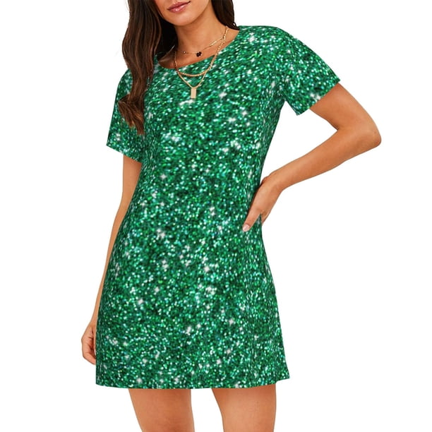 Fotbe Green Glitter Bata de Dormir para Mujer con Estampado, Camisón de Algodón de Manga Corta, Ropa de Dormir Casual