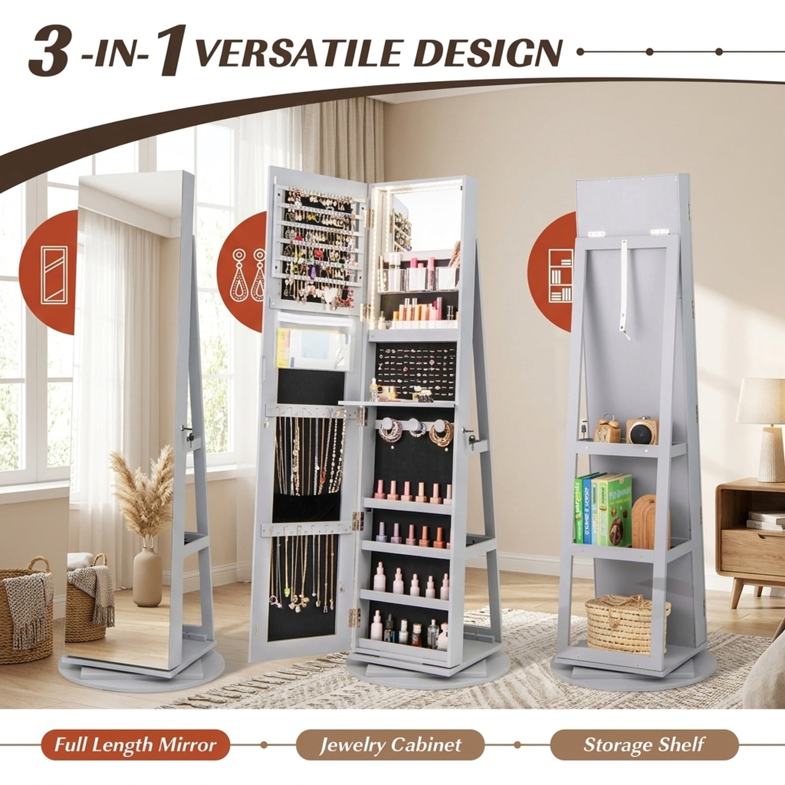 Furnibear 360° Rotating Mirrored Jewelry Cabinet Armoire 3 Color LED Modes Lockable for Bedroom Dressing Room Jewelry Necklace Rings Storage, Gray