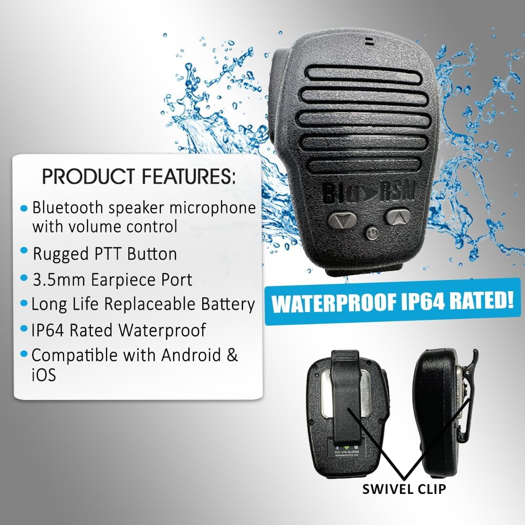 Klein Electronics Bluetooth RSM Speaker Mic with PTT & Volume Control, IP64, Android iOS