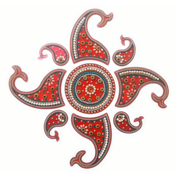 FineArt Handcrafted Decorative Rangoli Set Multicolor Jewel Stone/Kundan Decorations on Red Acrylic Base 9 Piece Set - for Home Dcor