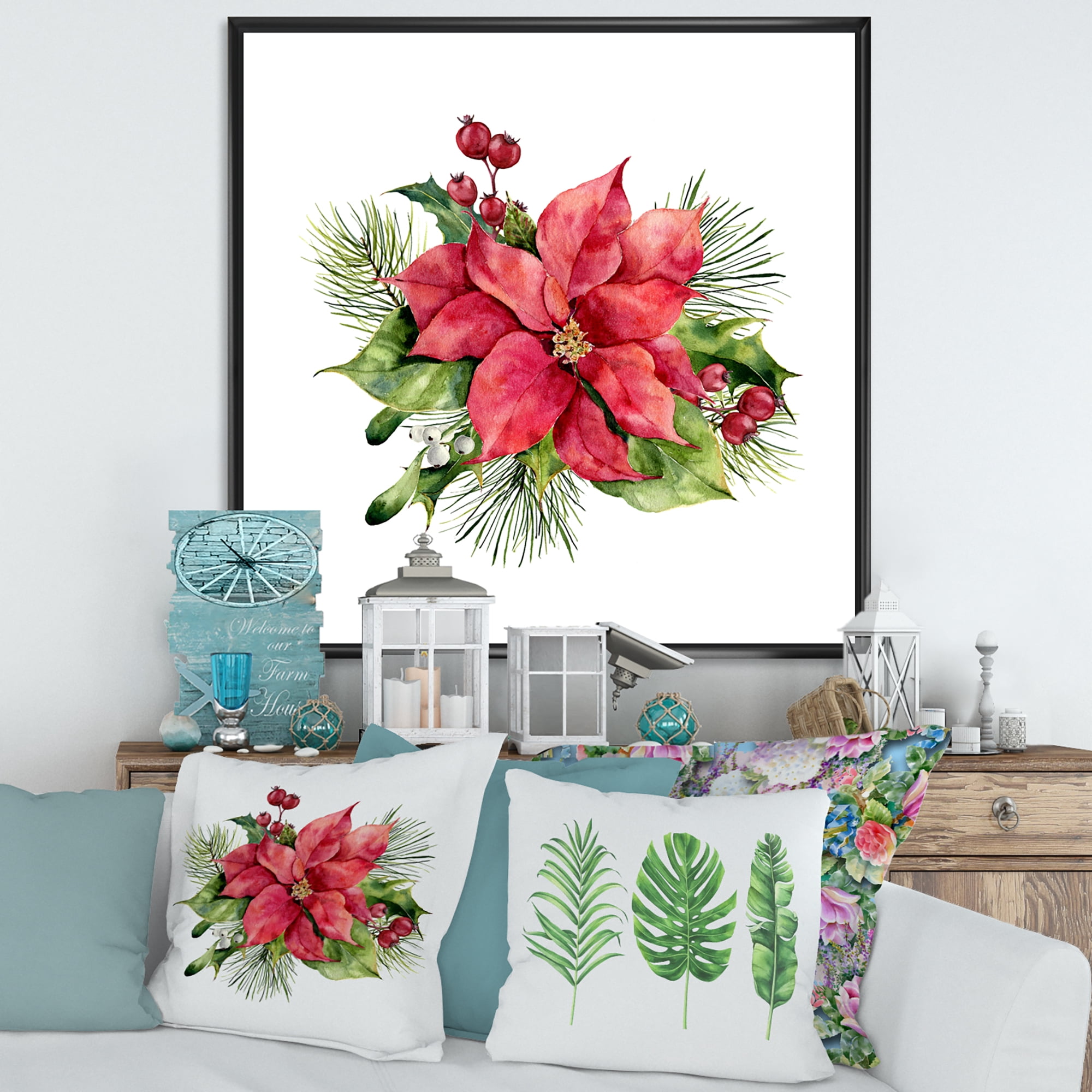 Designart 'Christmas Fir Branch and Holly Mistletoe Berries I' Traditional Framed Canvas Wall Art Print