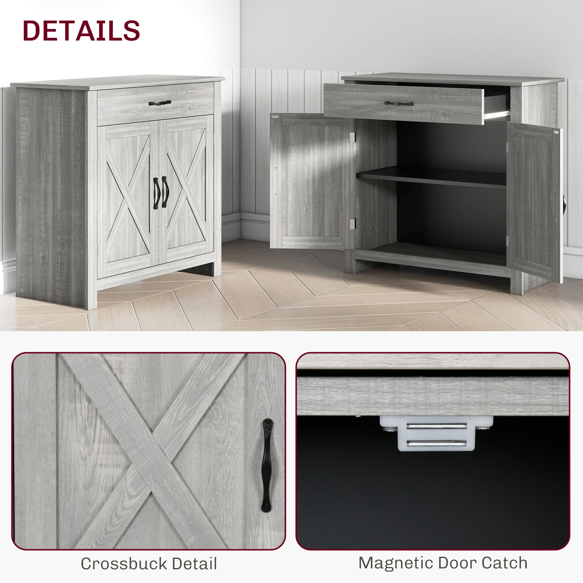 HOQBN Farmhouse Sideboard Cabinet with Barn Doors Kitchen Buffet Cabinet with Drawer and Adjustable Shelf for Kitchen Dining Room, Stone Gray