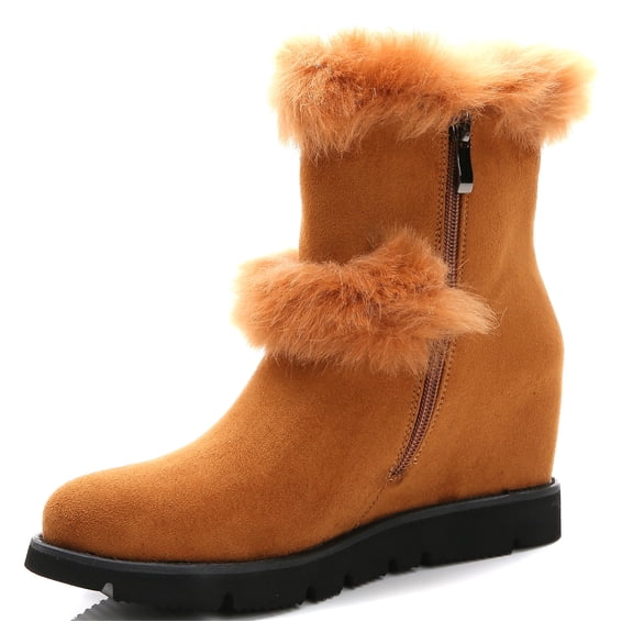 Ferwind Women's Ankle Booties Low Wedge Heels Suede Winter Shearling Style Adult Tan 9