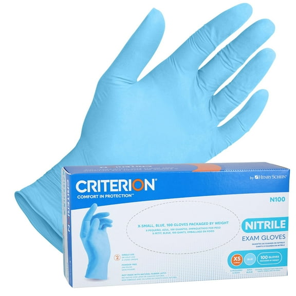 Henry Schein Criterion N100 Nitrile Exam Gloves, Blue, 3.54 Mil, Powder-Free, Textured Fingers, X-Small, 100/Box