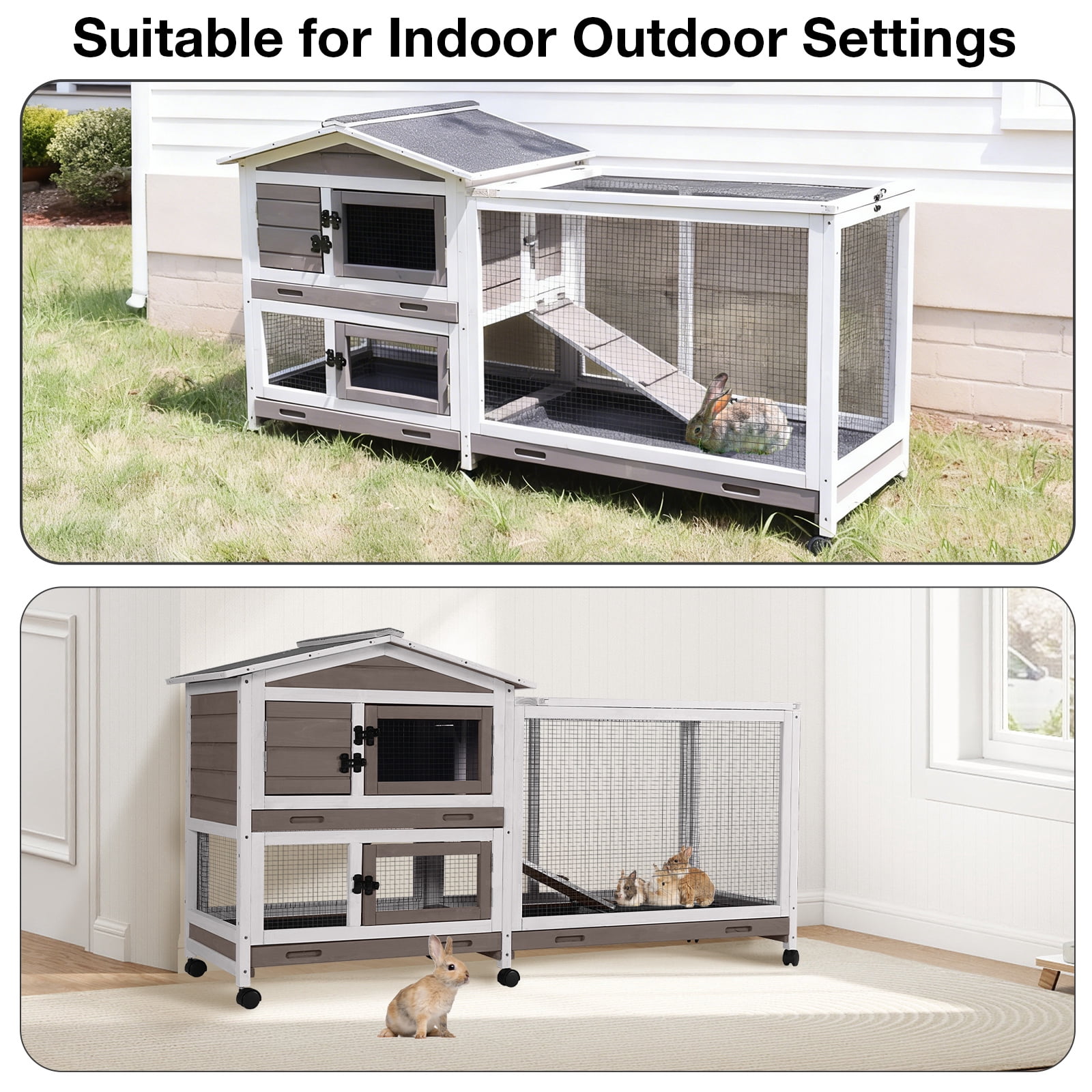 Aivituvin 62" Rabbit Hutch with Wheels for Outdoor & Indoor, 2-Story Bunny Cage with Pull Out Tray, Chew-Proof Ramp, Waterproof Roof, Brown