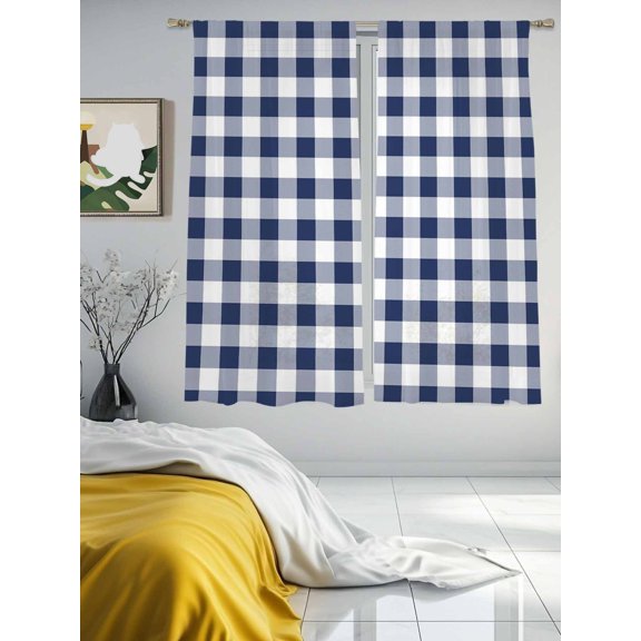 Vintage Navy Sheer Curtains 72 inches Long 2 Panels Set Checked Plaid Tiers Sheers Rod Pocket Small Window Short Curtains for Kitchen Cafe, Each 52" W x 72" L