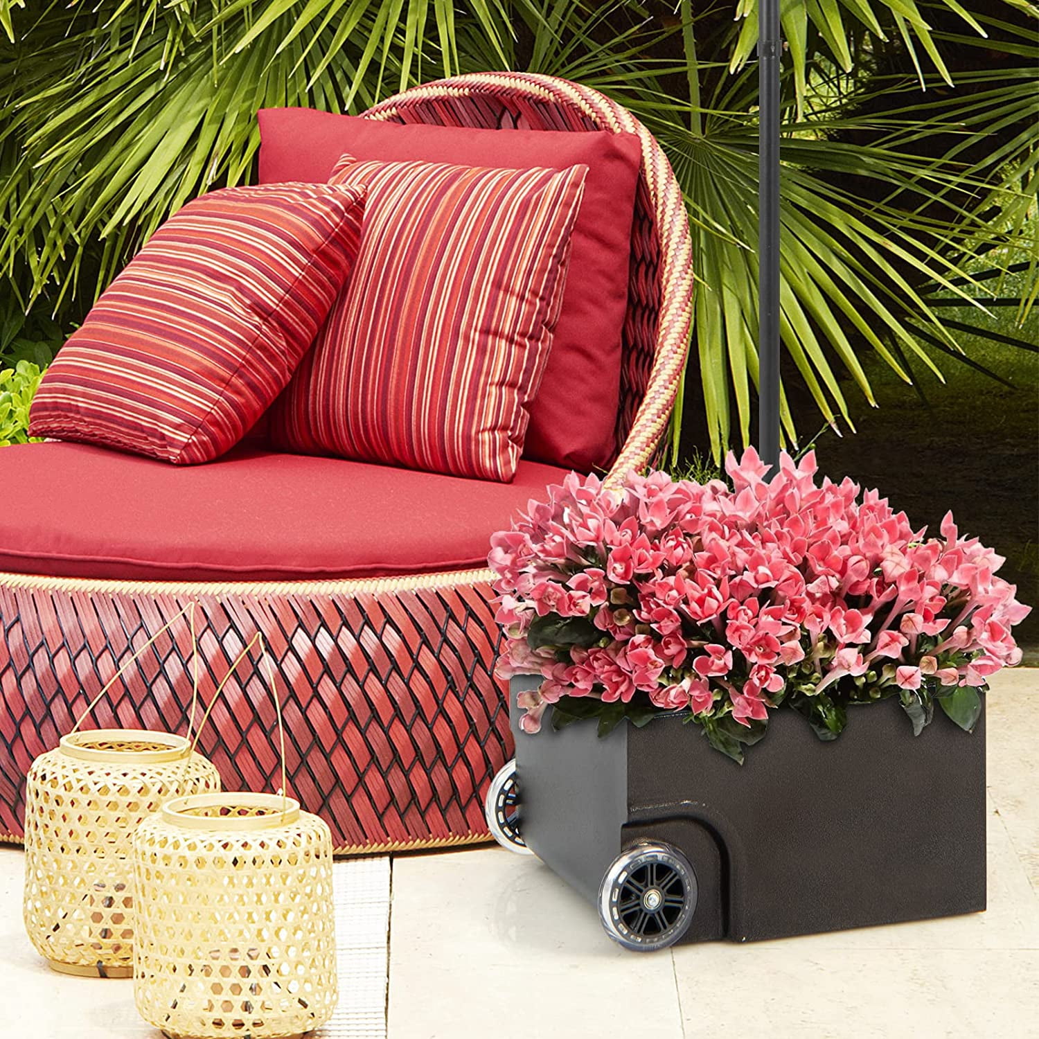 LEHOME 170LBS 2-in-1 Patio Umbrella Base, Fillable Umbrella Stand with 2 Universal Wheels, Garden Flower Box with Drainage Hole, Outdoor Heavy Duty Umbrella Stand for Courtyard, Poolside (Black)