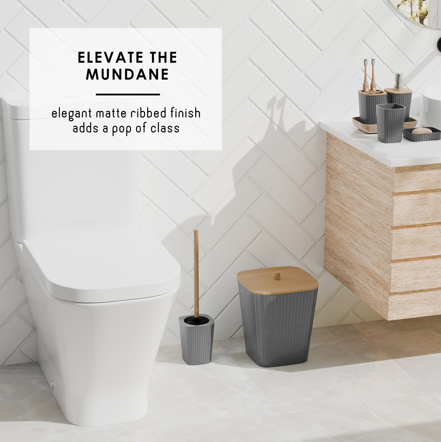 Virtu 6 Piece Bamboo Bathroom Sets, Gray Bathroom Accessories Set for Minimalistic Bathroom Décor
