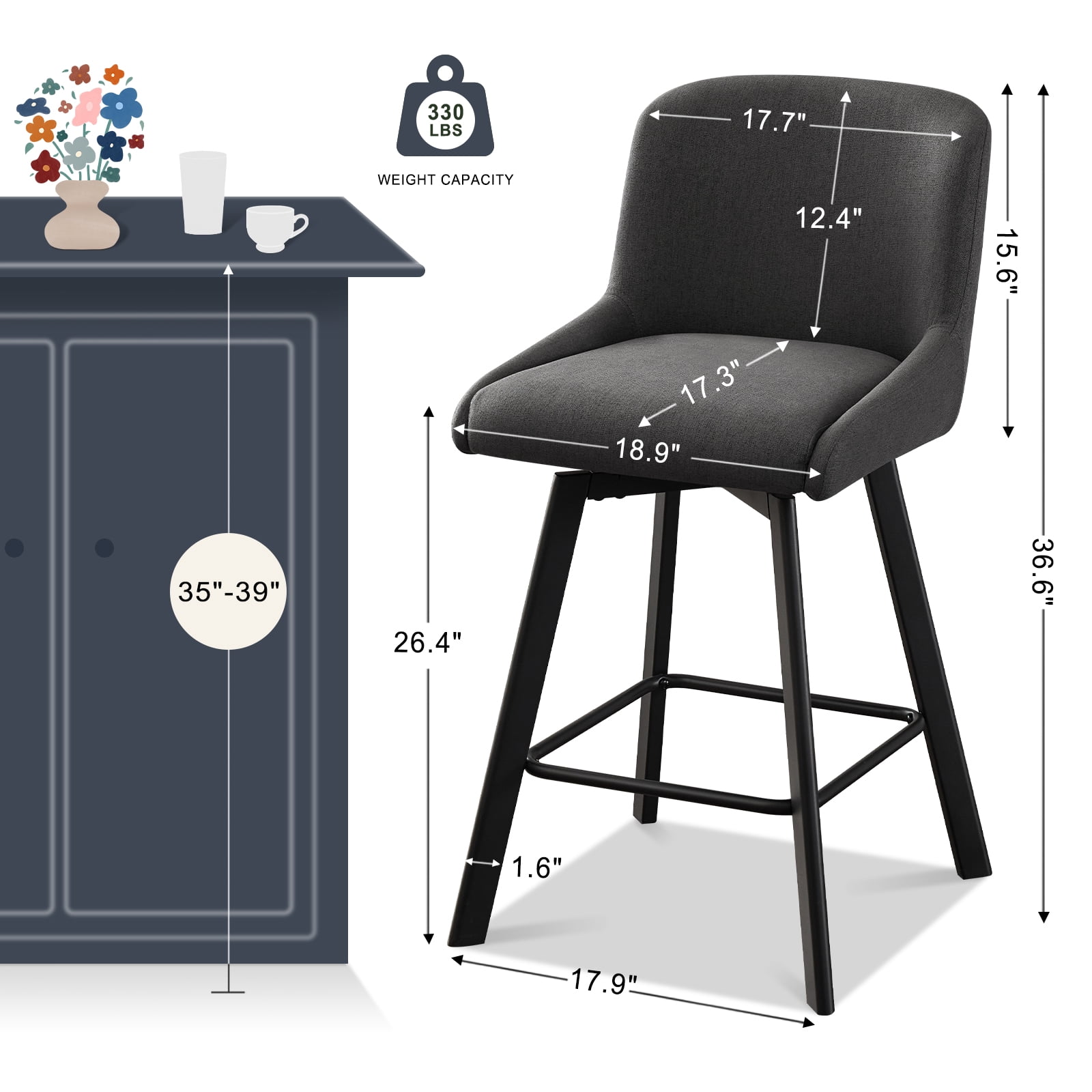 MultiHaven 26.1-Inch Bar Stools Set of 3,Swivel Counter Height Bar Stool with Back & Metal Legs,Fabric Island Chairs Suitable for Kitchen,Bar,Cafe - Black Gray