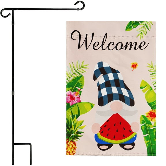 G128 Combo Pack: Garden Flag Stand Black 36 in x 16 in & Garden Flag Summer Decoration Welcome Gnome with Watermelon Slice 12"x18" Double-Sided Blockout Fabric