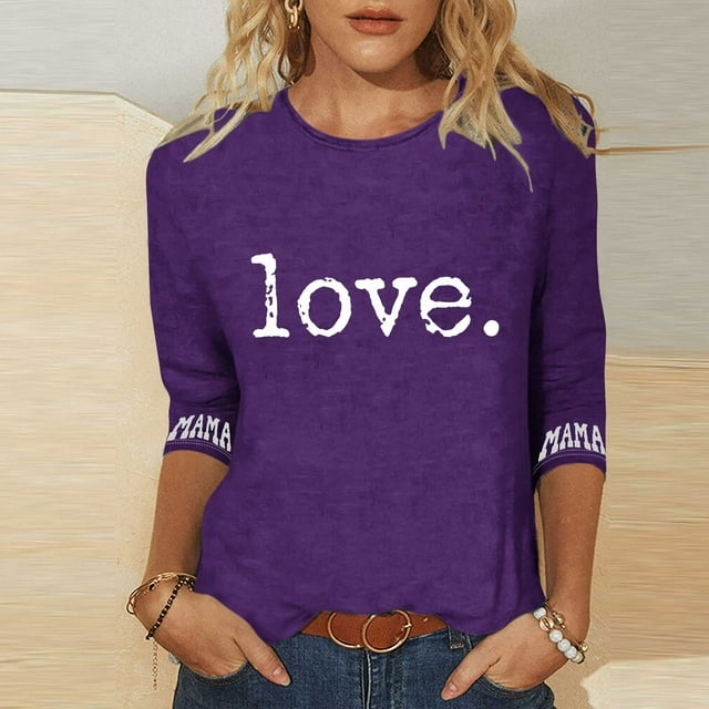TaTaai T-Shirt Ample à Manches 3/4 et Col Rond pour Femme avec Imprimé « Love » de la Saint-Valentin, Cadeau de la Saint-Valentin, Haut Décontracté pour la Maison et le Travail