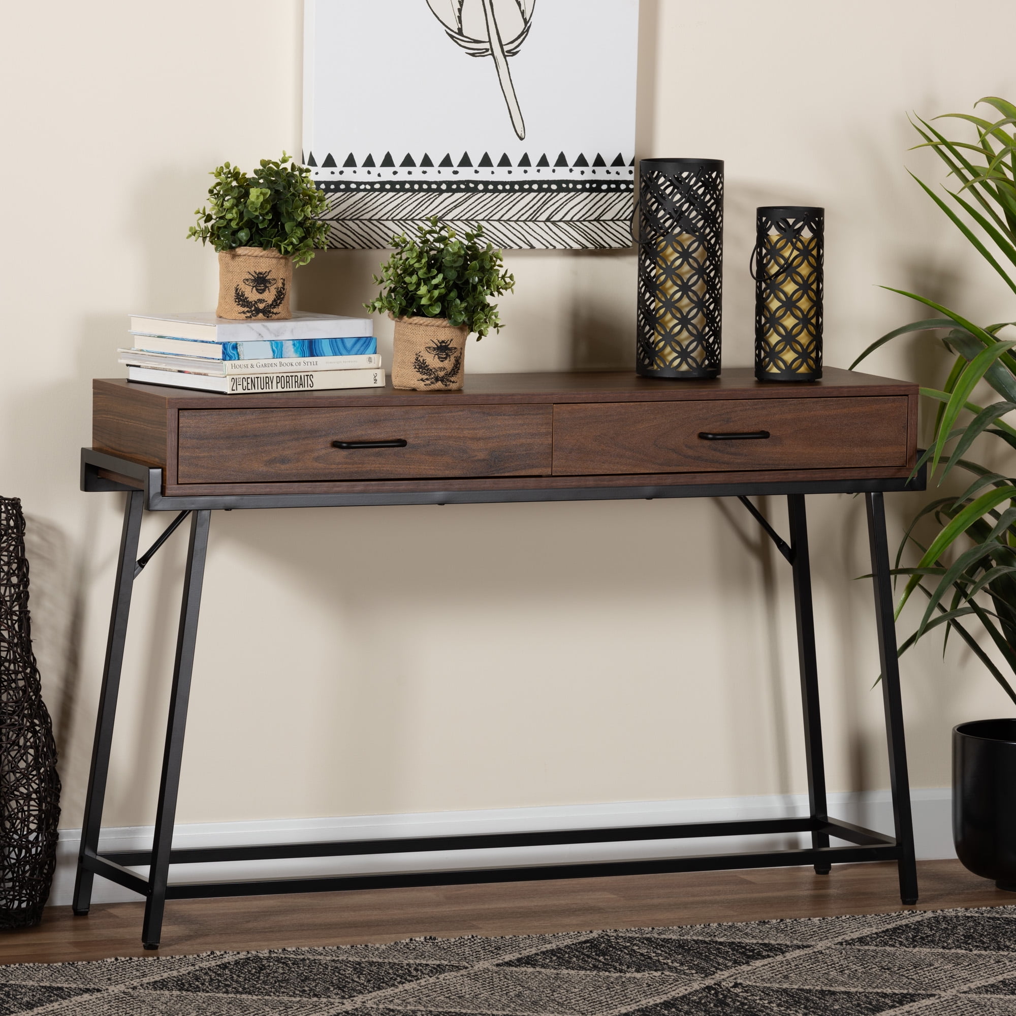 Baxton Studio Eivor Modern Industrial Walnut Brown Finished Wood and Black Metal 2-Drawer ...