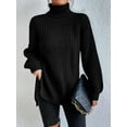 thumbnail image 2 of EYIIYE Chandail d'Automne Hiver pour Femmes à Manches Longues Col Roulé Tricoté chandail Couleur Unie Ourlet Fendu Long Tricoté Ample Décontracté Confortable, 2 of 8