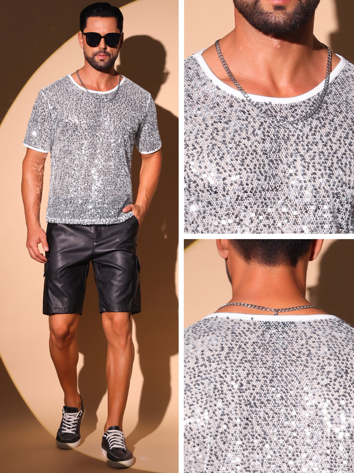 DARING DIVA Men's Sequins Short Sleeve Rave See Through Glitter T-Shirts S Silver