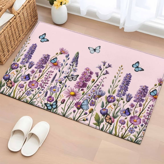 Bathroom Rugs 2x3 Ft, Watercolor Floral Non Slip Area Rugs for Kitchen Bedroom Entryway, Spring Lavender Daisy Butterflies Pink Washable Carpet Runner Rug Floor Mats for Bedroom Home Decor