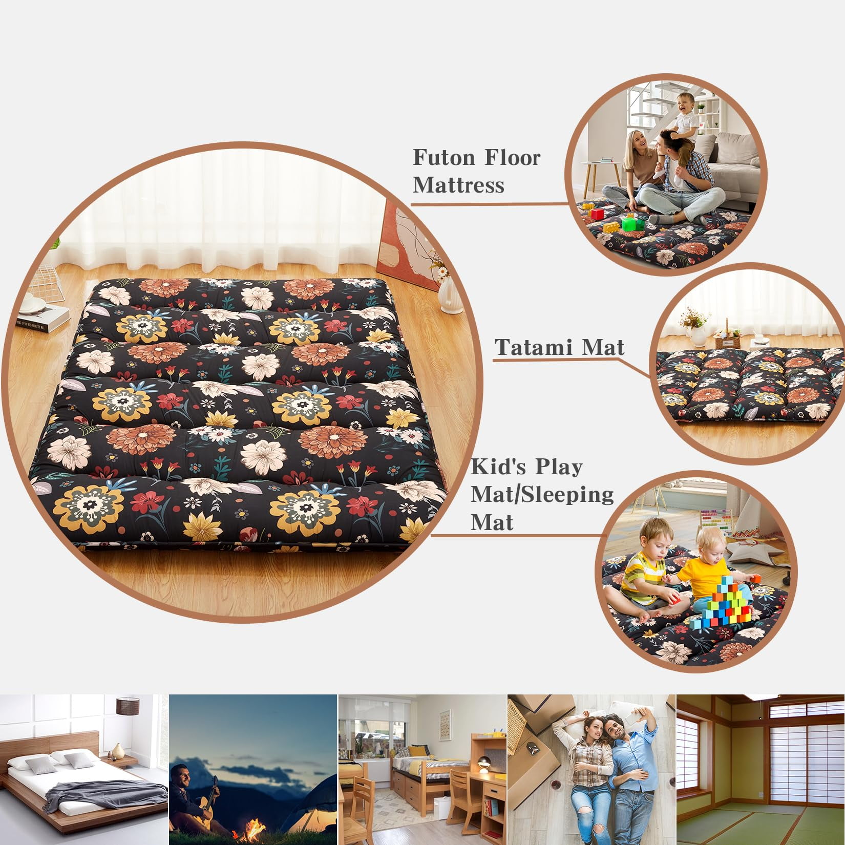Ataucjin Twin Size Japanese Futon Floor Mattress, 3 Inch Thick Floral Tatami Mat, Foldable Portable Sleeping Mattress, Modern Floor Bed for Living Room, Guest Room, Camping