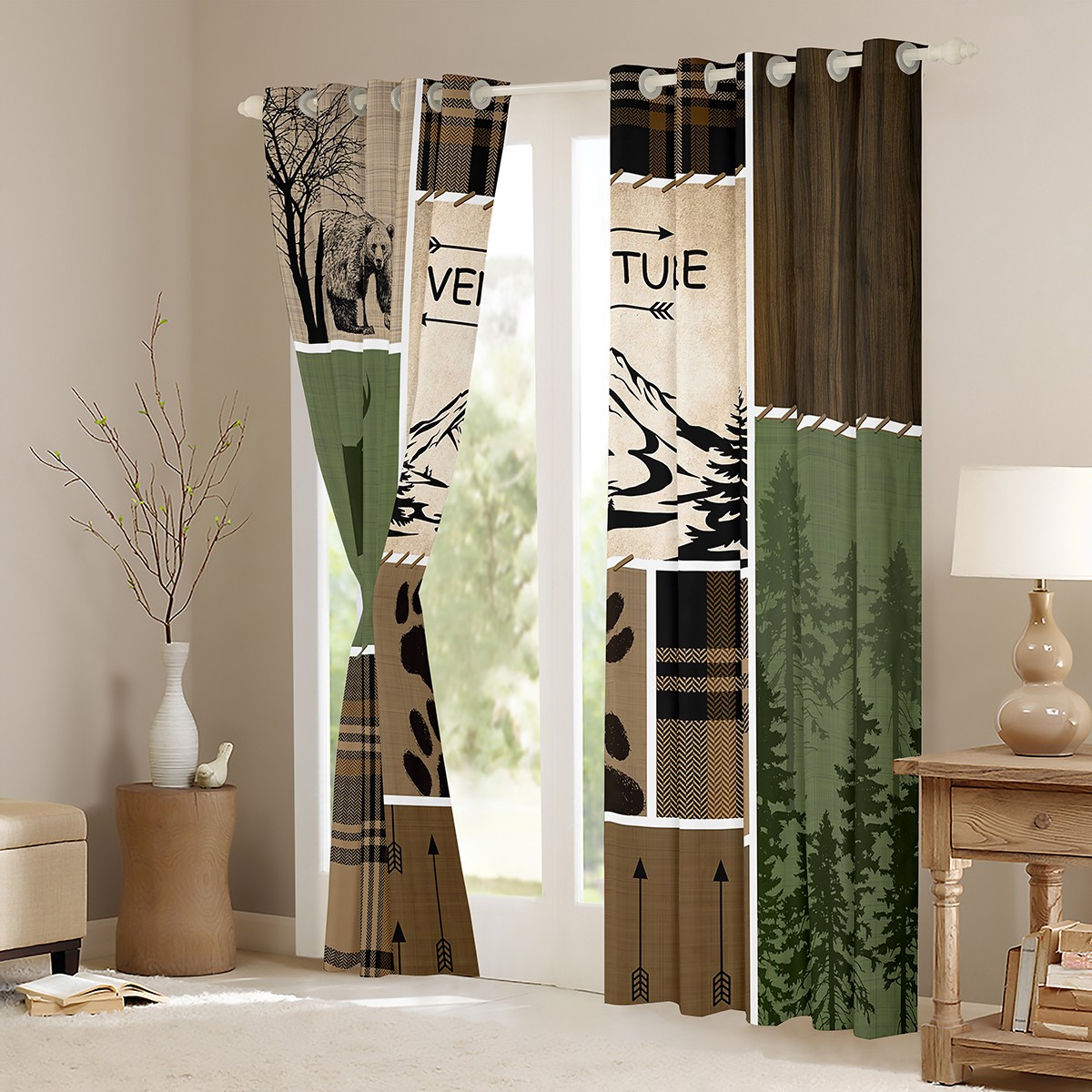 Manfei Green Rustic Curtains Pack of 2 (52x84), Jungle Adventure Black Out Curtains, Farmhouse Hunting Blackout Curtains for Bedroom, Window Treatments Room Decor