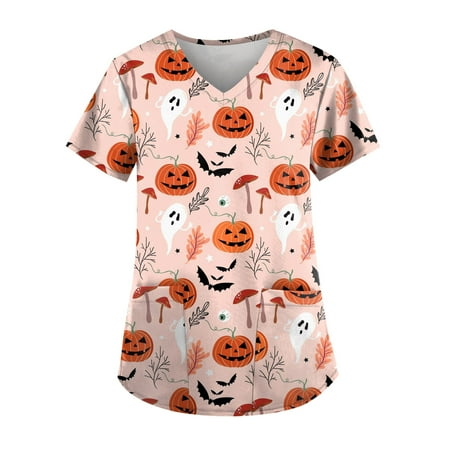 

Sksloeg Sksloeg Women s Plus Size Scrub Tops Comfortable Easy Fit Lightweight Durable Soft Stretch Pumpkin Witch Hat Print V-Neck Scrub Top Pink 5XL