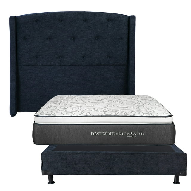 Colchón Matrimonial Restonic Trini + Box Base Cama + Cabecera Zefyr Azul