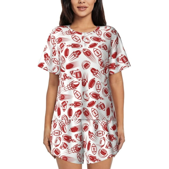 Logiee Red Football Print Womens Pajamas Set,Short-Sleeve Pajama 2 Piece Sleepwear with Pockets-Small