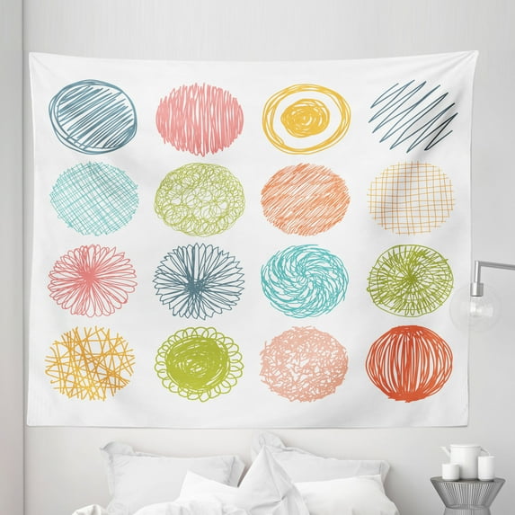 Colorful Tapestry, Doodle Style Scribble Composition Circles Stripes Joyful Illustration, Fabric Wall Hanging Decor for Bedroom Living Room Dorm, 5 Sizes, Orange Coral, by Ambesonne