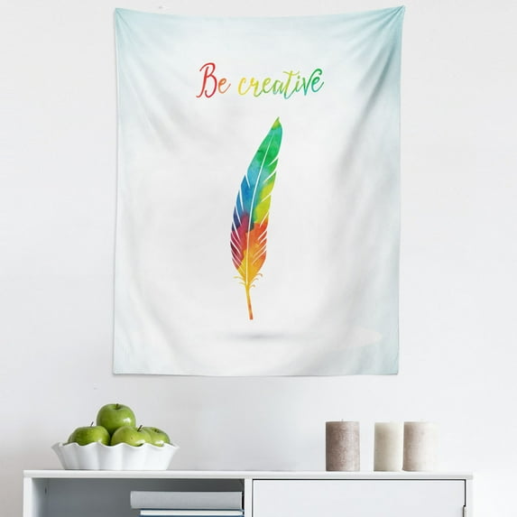Feather Tapestry, Rainbow Colored Quill and Be Creative Words Writing Creation Image, Fabric Wall Hanging Decor for Bedroom Living Room Dorm, 5 Sizes, Multicolor, by Ambesonne