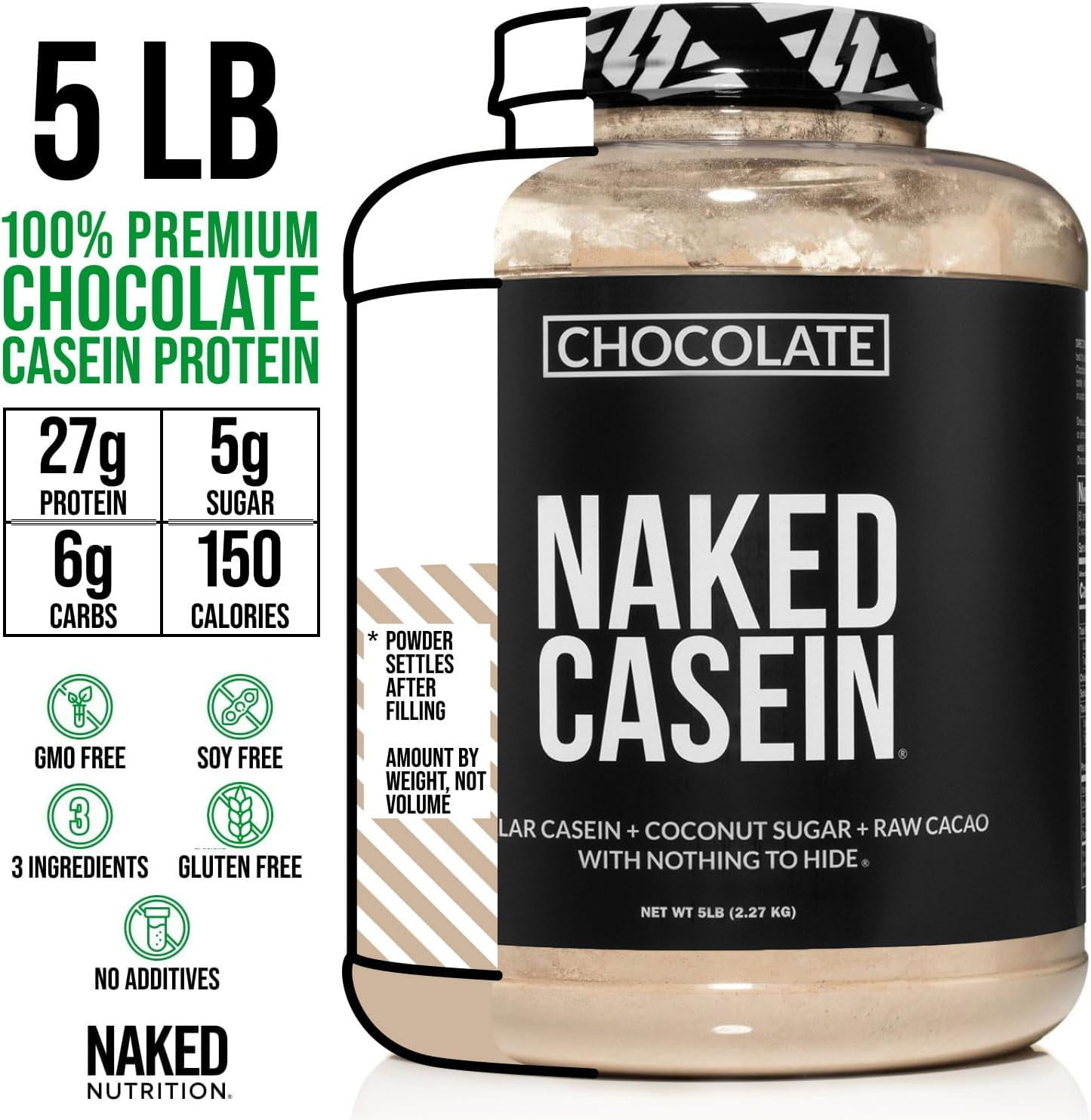 Naked Chocolate Casein - Chocolate Micellar Casein Protein - 5 Pound Bulk, Gmo-Free, Gluten-Free, Soy-Free, Preservative-Free - Stimulate Muscle Growth - Enhance Recovery - 60 Servings