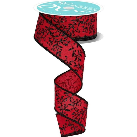 1.5" Glitter Mini Leaf Vines Ribbon: Red/Black (10 Yards)