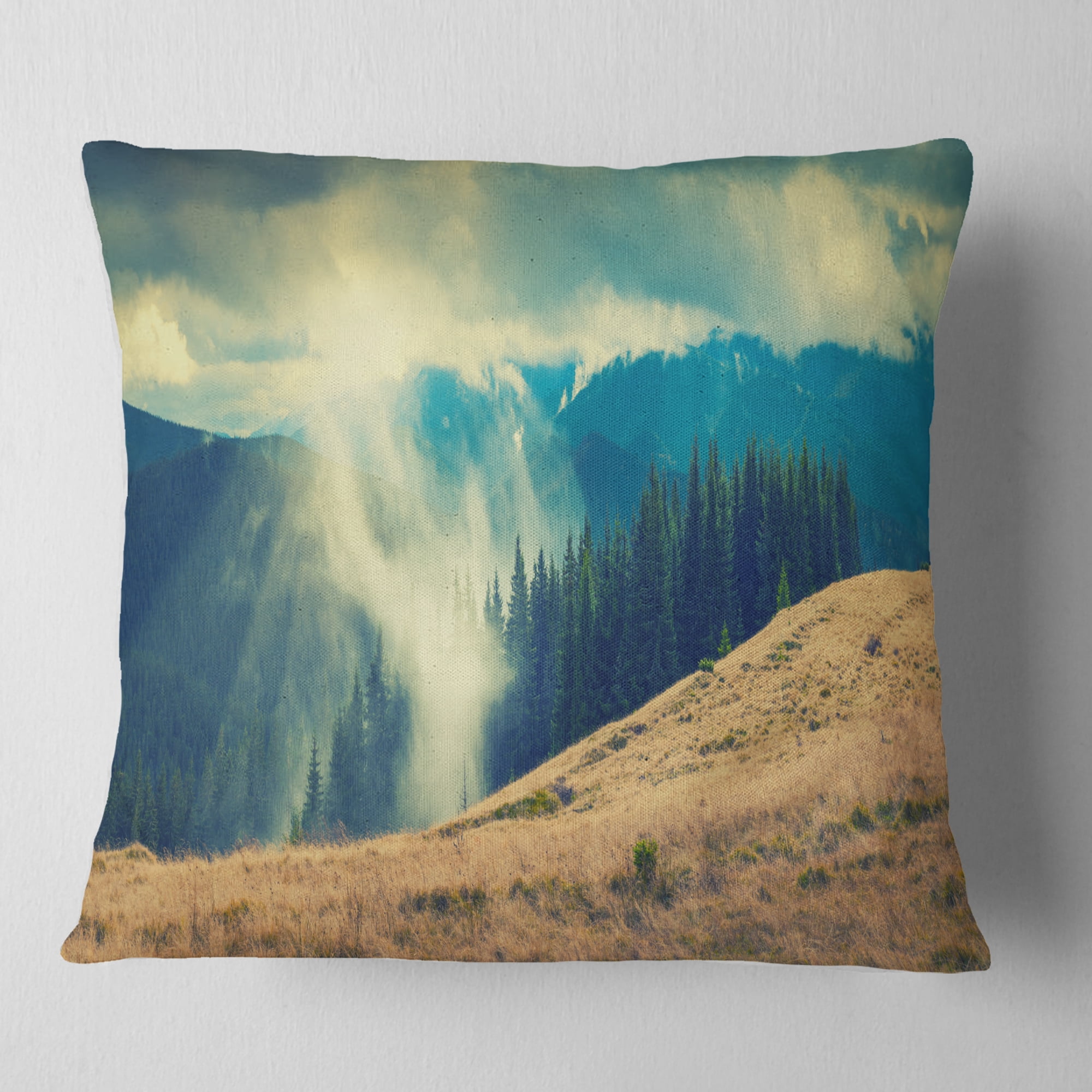 Designart Blue Forest in Fog - Landscape Photography Throw Pillow - 18x18