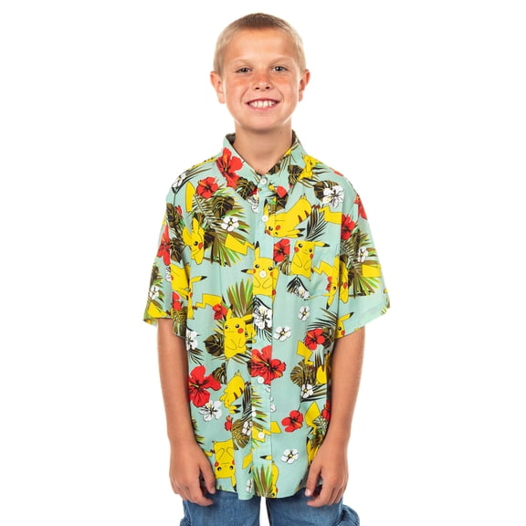 Pokemon Shirt Boy's Pikachu Hawaiian Short Sleeve Button Up Woven Top