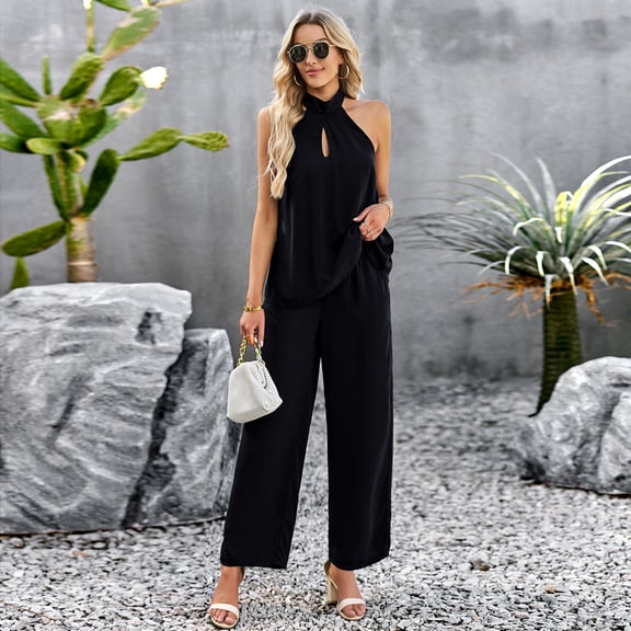Women's 2 Piece Outfits Clearance Women's Fashion Casual Spring And Summer Solid Color Round Neck Sleeveless Blouse Tops Wide Leg Pants