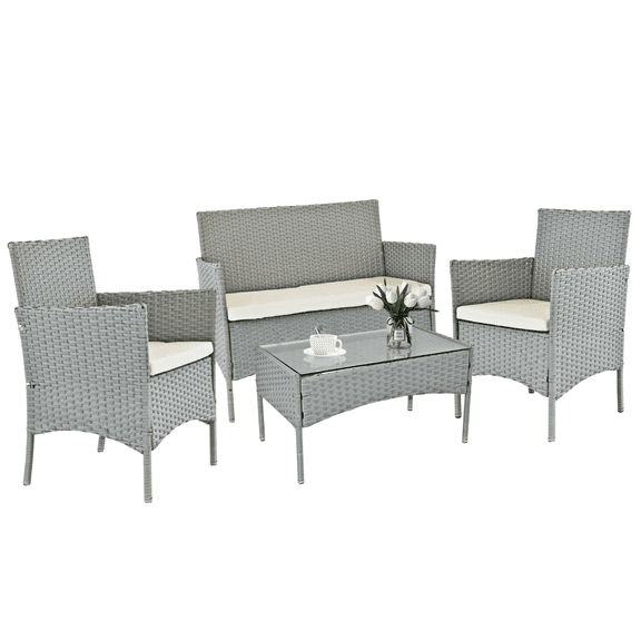 4-Piece Wicker Patio Furniture Set, All Weather Rattan Outdoor Conversation Sofa Set with Thick Cushions & Glass Coffee Table for Garden Yard Pool Balcony,Grey