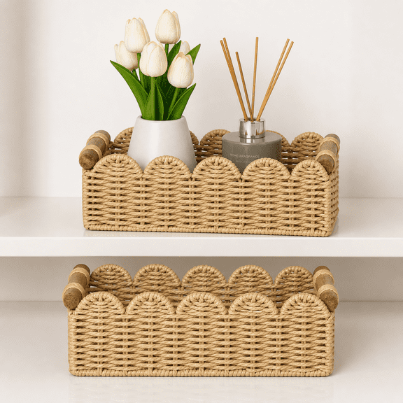 Beige Small Scalloped Wicker Paper Rope Storage Basket