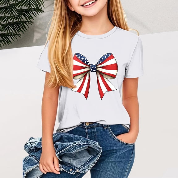 Fatuov Independence Day T-Shirt for Girls Short Sleeve Summer Comfortable Graphic Tee for Children American Flag Print 4th of July Round Neck Patriotic Tshirt 2-12 Years