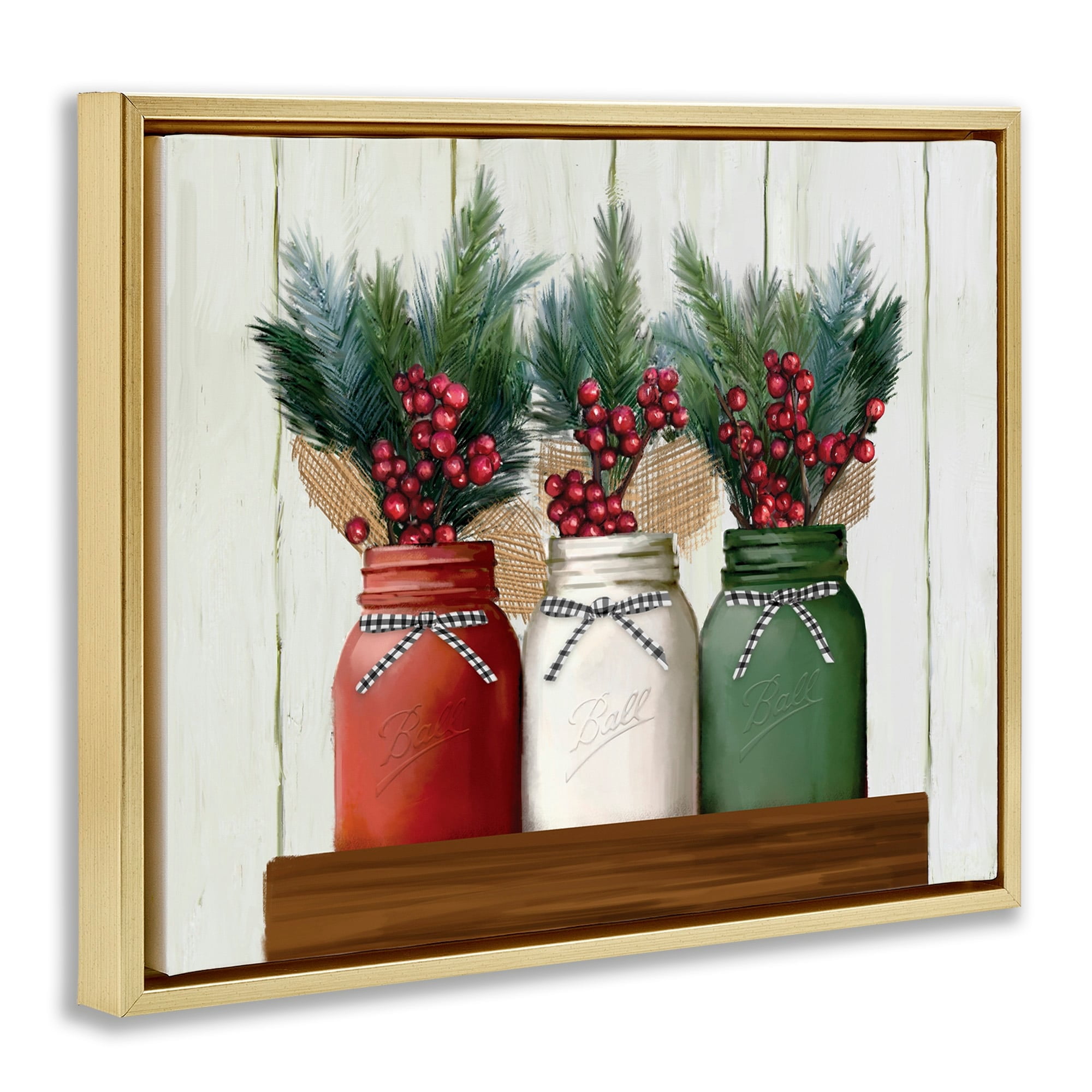 Stupell Industries Festive Holiday Jars Christmas Berry Bouquets Metallic Gold Framed Floating Canvas Wall Art, 16x20, by Ziwei Li