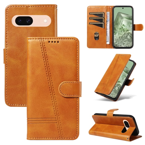 Flip Case Compatible with Google Pixel 8a || Skin Feel Leather Wallet Phone Case for Google Pixel 8a || TPU Inner with Viewing Stand & Card Holder || Wrist Strap Folio Cover - Yellow
