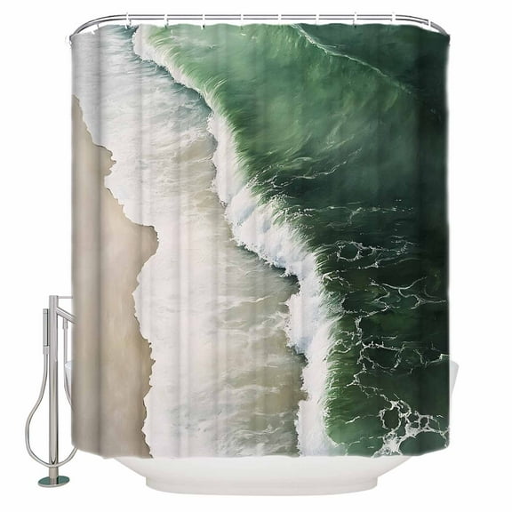 72x78 Inch Shower Curtain Green White Beach Bathroom Decor Waterproof Fabric Bathtub Bath Curtains Decorative Modern Geometric Coastal Seawaves Extra Long Shower Curtain Set with Hooks