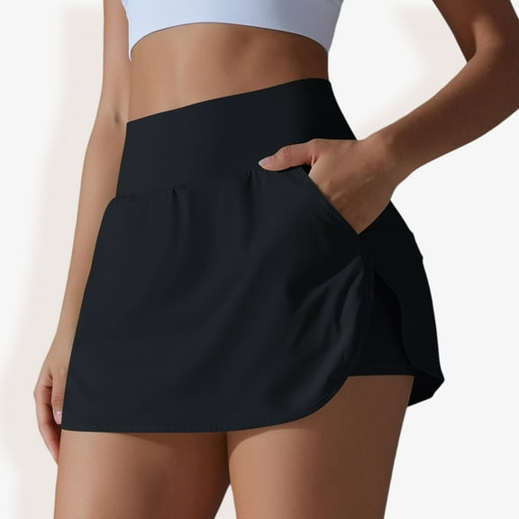 Women's High Waist Athletic Skort with Built-In Shorts and Side Pockets- Large, Black