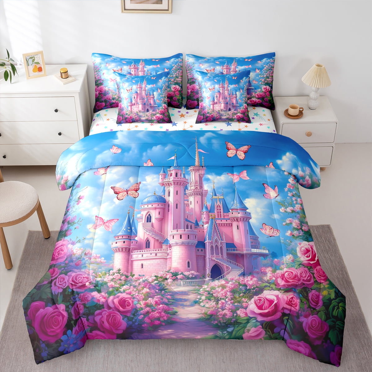 Homewish Blue Pink Castle Twin Bedding Sets 7-Piece Romantic Butterfly Rose Bedding Comforter Set Teens Kids Girls Reversible Sheet Sets Lightweight Room Decor