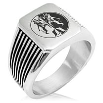 Stainless Steel Janus Greek God of Beginnings Needle Stripe Pattern Biker Style Polished Ring