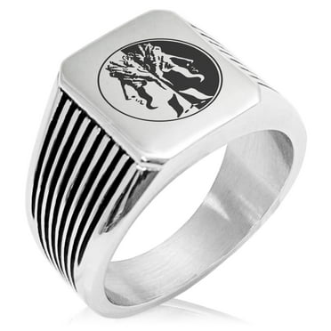 Stainless Steel Janus Greek God of Beginnings Needle Stripe Pattern Biker Style Polished Ring