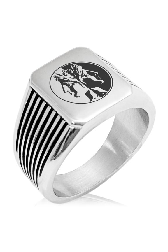 Stainless Steel Janus Greek God of Beginnings Needle Stripe Pattern Biker Style Polished Ring