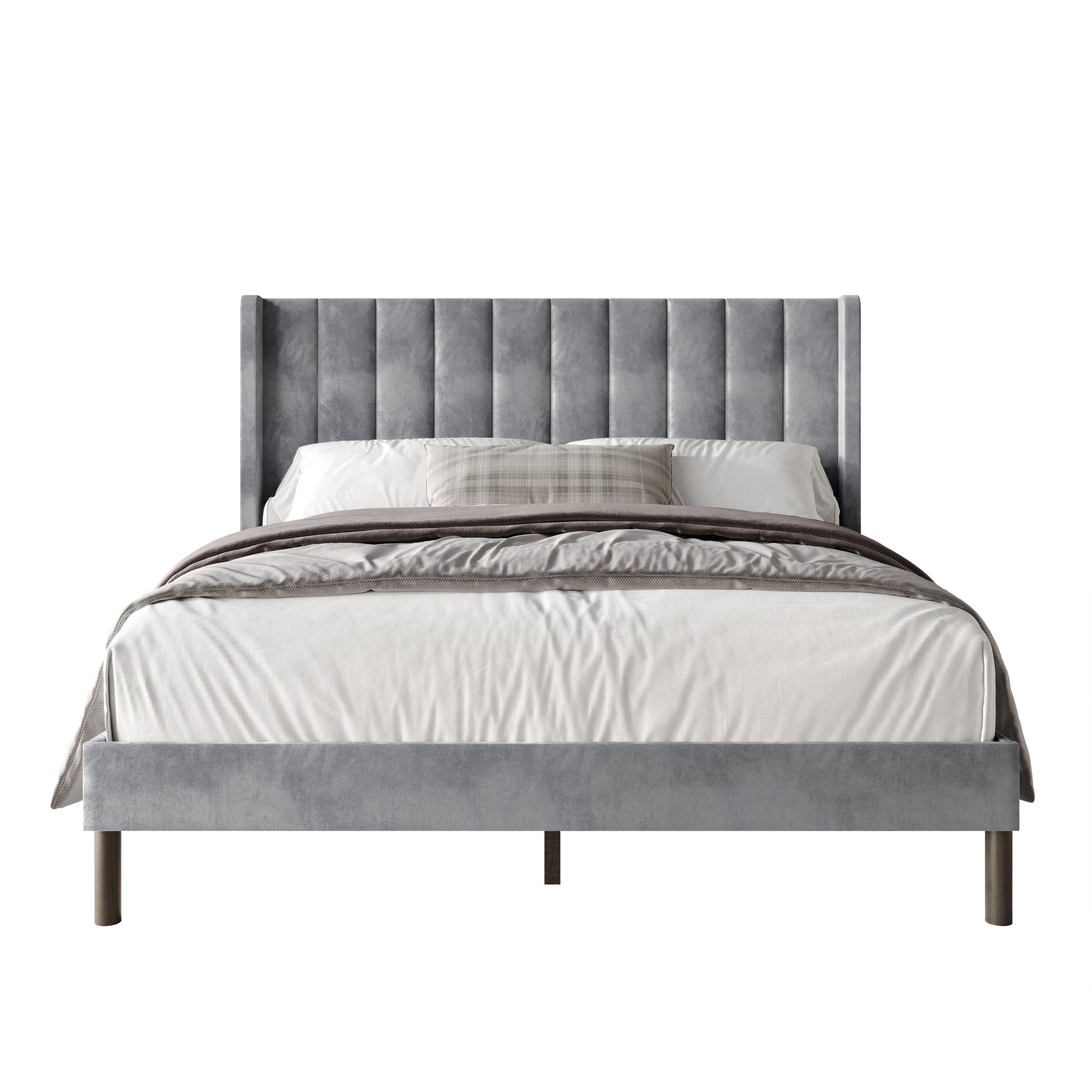 Home Design Herrin King Tufted Luxurious Velvet Upholstered Wingback Panel Bed Frame with Vertical Channel Tufting & Wingback Design, Silver Gray, Easy Assembly