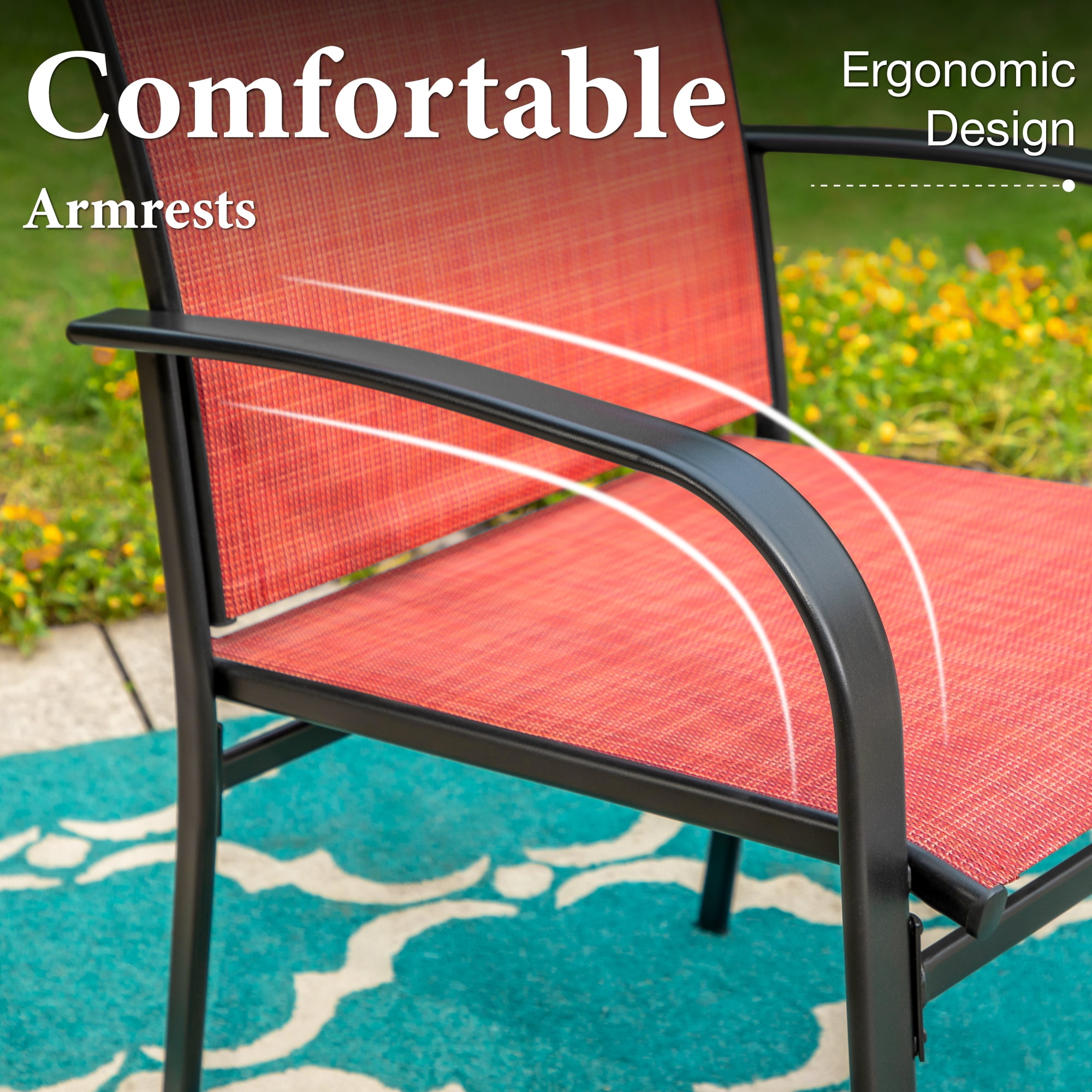 SUMMIT LIVING Set of 4 Outdoor Patio Dining Chairs, Steel Frames with Textilene, Black & Red