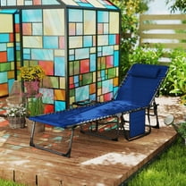Outsunny Folding Chaise Lounge Chair Outdoor Tanning Chair with 5-Level Adjustable Back, Side Table, Pillow, Pocket for Yard, Beach, Pool, Dark Blue