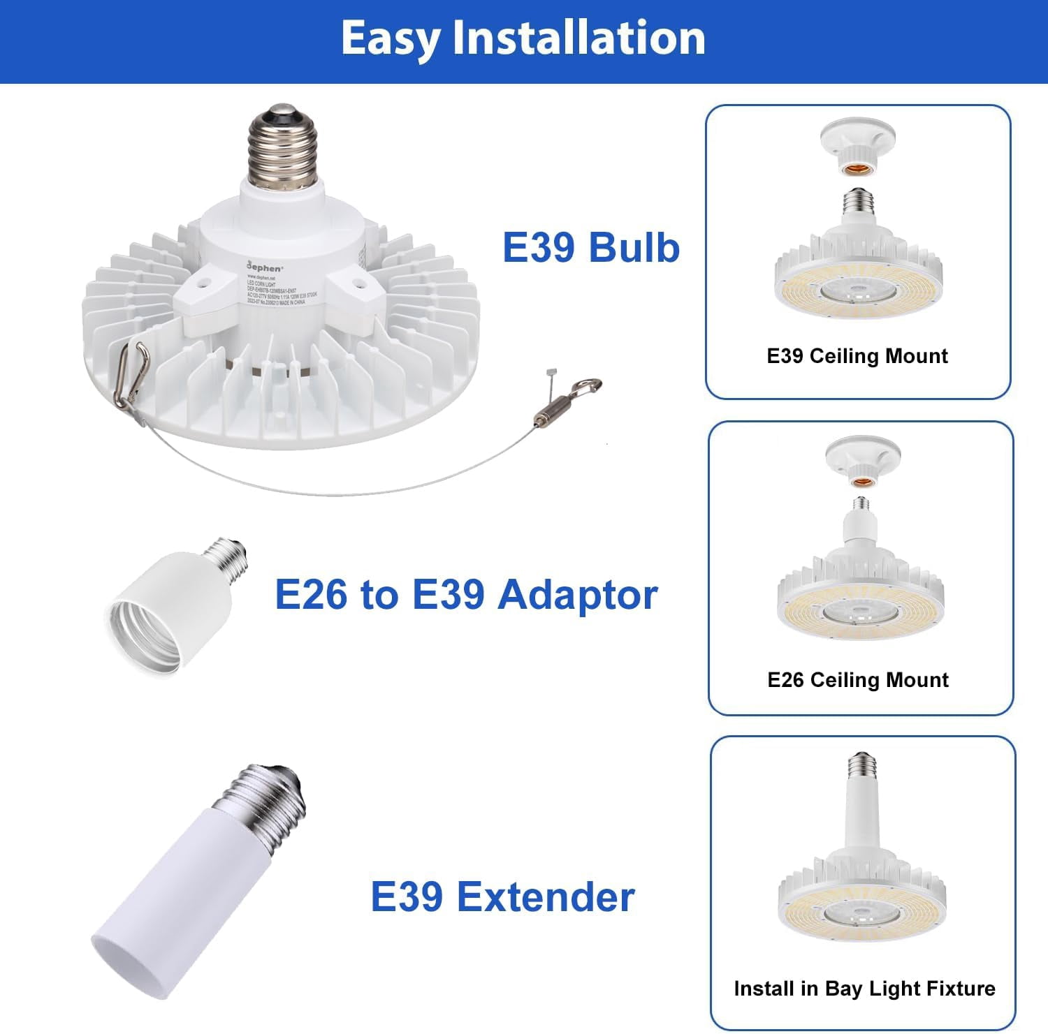 dephen 120W Motion Sensor LED Light Bulb with E39 Extender & E26 Adaptor, 18600Lm 5700K High Bay UFO Bulb, Equivalent 400W MH/HPS,Garage Ceiling Light Bulb for Wherehouse Gym Workshop,IP64,UL-Listed
